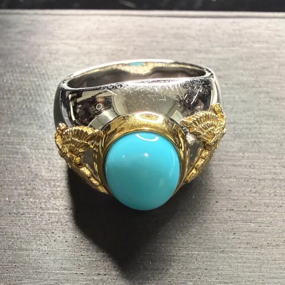 Solid 925 Sterling Silver And Solid 10k Yellow Gold Turquoise Stone Size 10 Ring